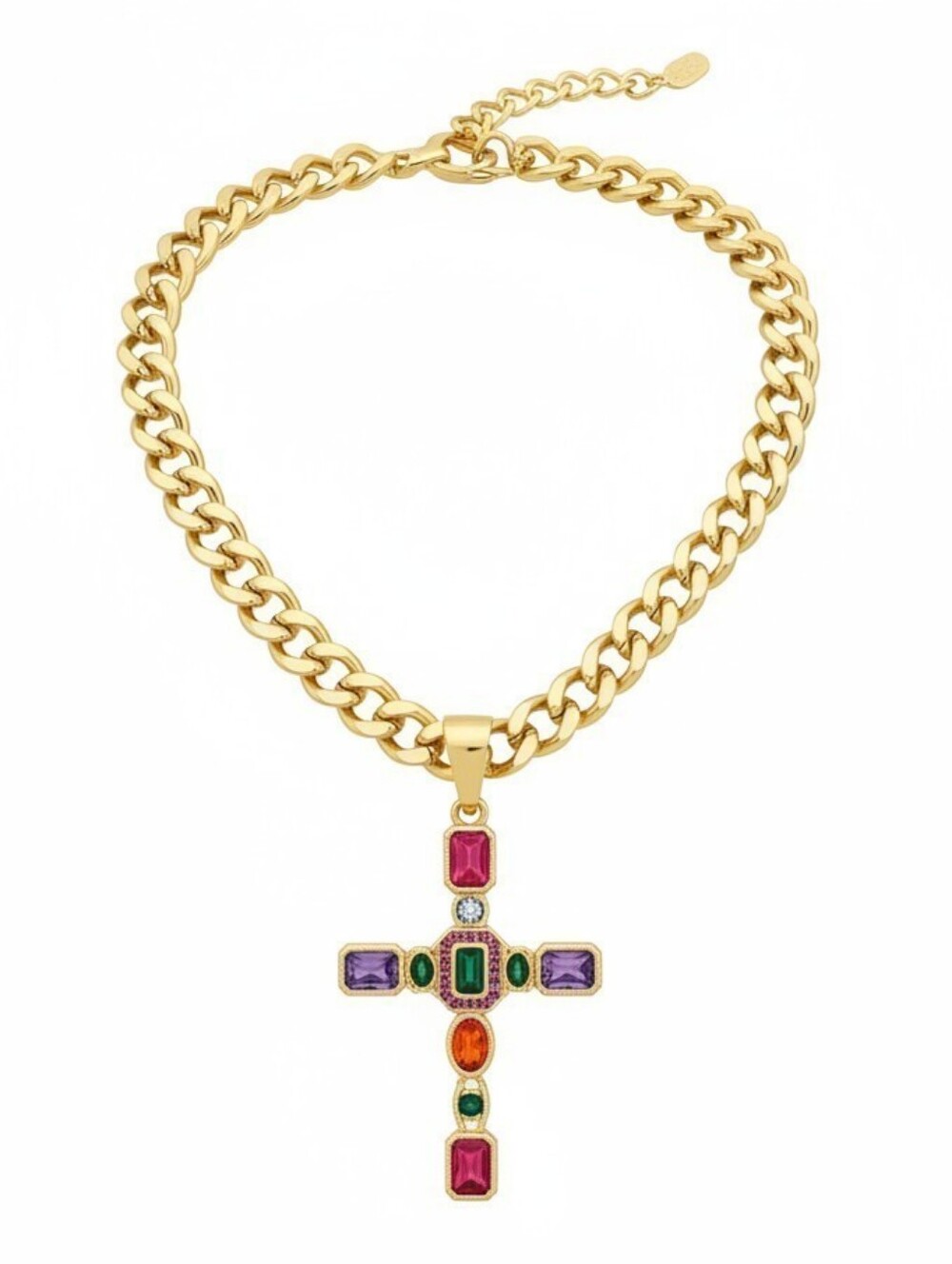 💛▪️Atterri▪️ Gold Cuban link Multicolor Cross cubic zirconia 15in Necklace